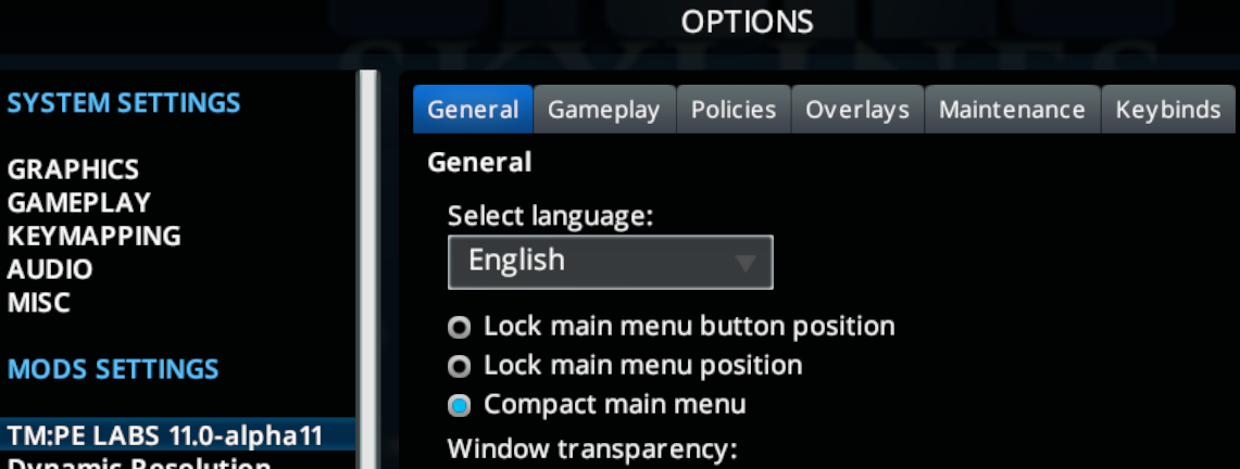 Settings screen